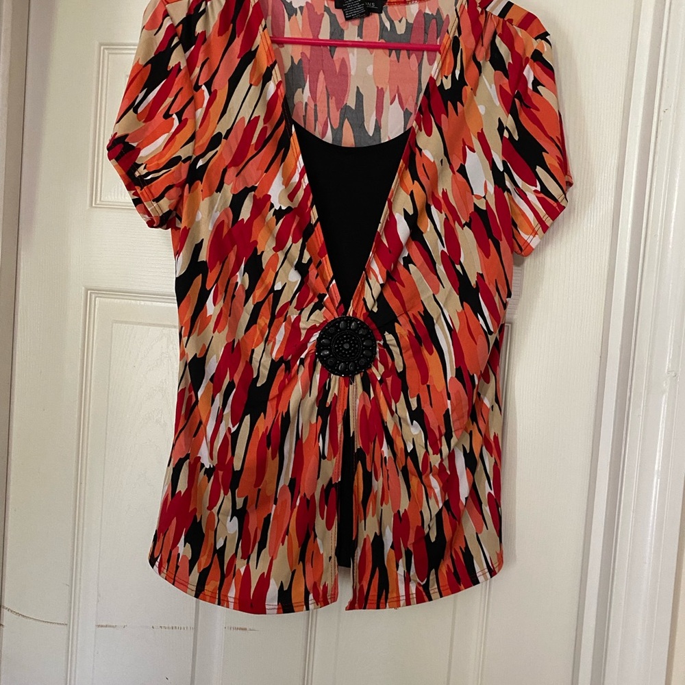 Notations V-Neck Abstract Print Top in Black, Red & Orange